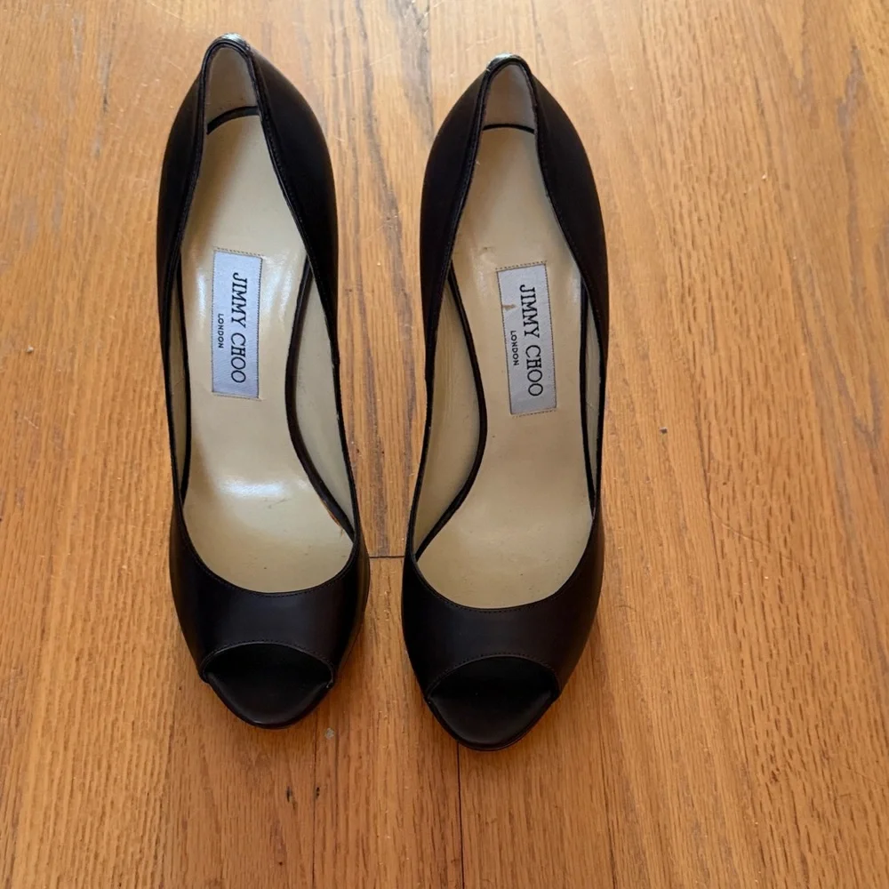 Jimmy Choo Dark Brown Leather Peep-Toe Heels - Picture 2 of 4